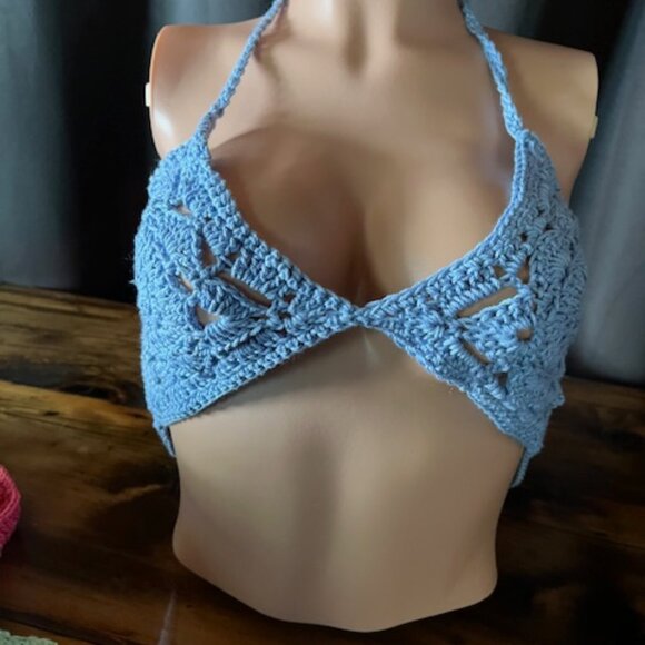 Handmade Tops - Crochet Festival Top Blue small to medium Beach cover up
